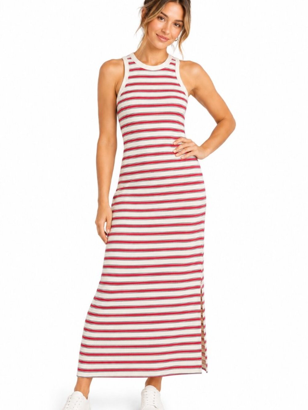 Universal Threads Women's Medium Red White Striped Ribbed Maxi Dress Sleeveless